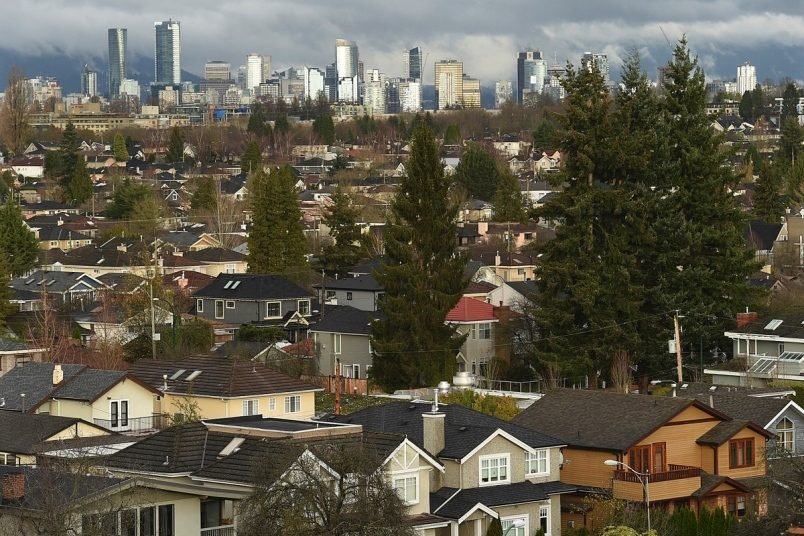Residential houses and evergreen trees in Vancouver with the downtown skyline in the background
